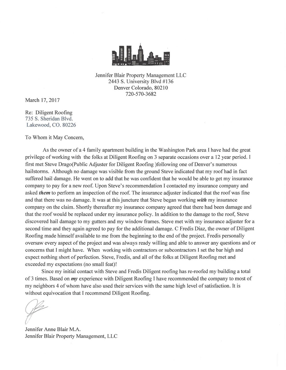 Diligent (Denver) Roofing Company Testimonial