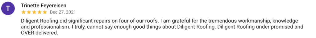 T Trinette Feyereisen Dec 27, 2021 Diligent Roofing did significant repairs on four of our roofs. I am grateful for the tremendous workmanship, knowledge and professionalism. I truly, cannot say enough good things about Diligent Roofing. Diligent Roofing under promised and OVER delivered.